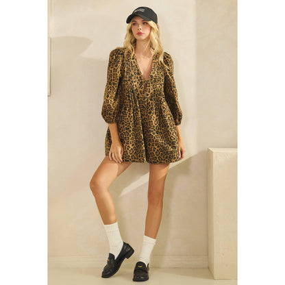 Printed Pleated Long Sleeve Denim Romper