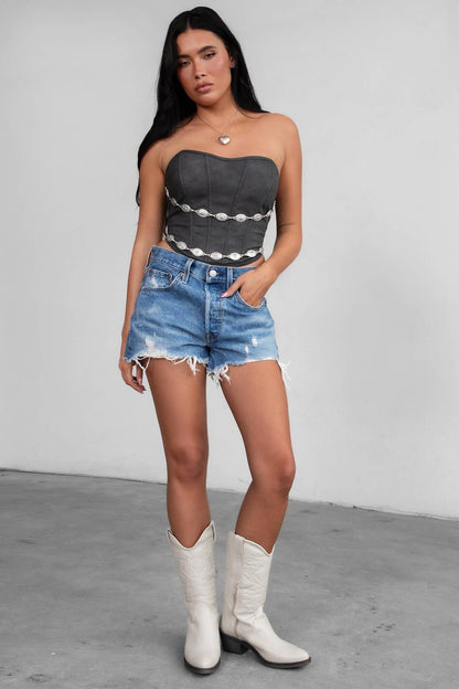 GLENDORA Western Distressed PU Leather Strapless Corset Top