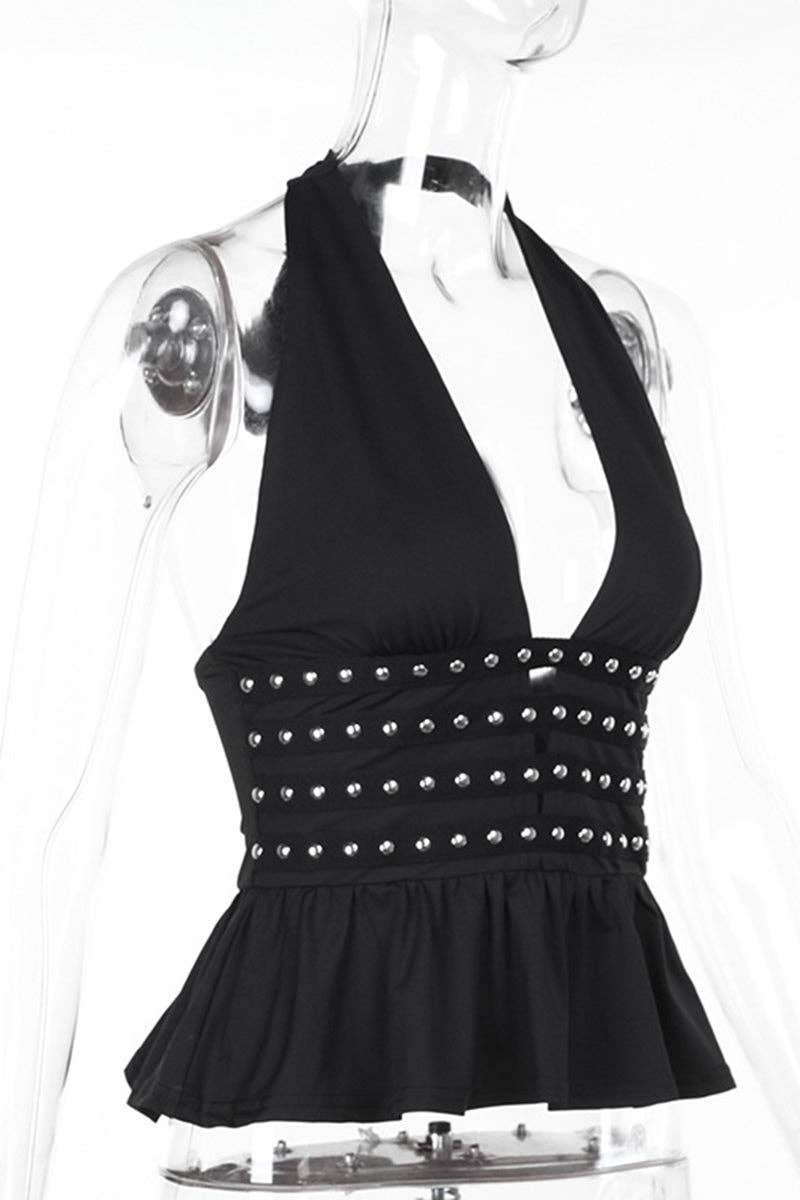 Studded Halterneck Peplum Top
