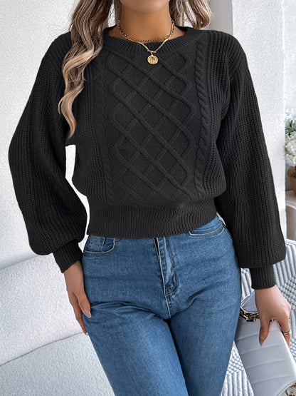 Cable Knit Pullover Sweater with Lantern Sleeves