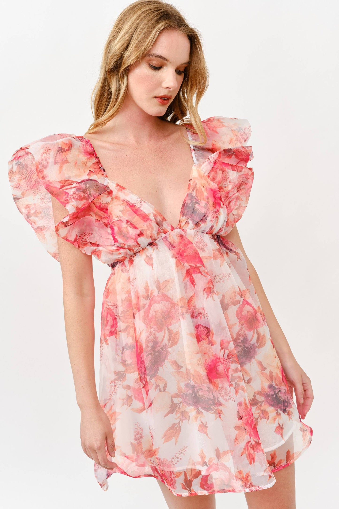 Pink Floral Chiffon Mini Dress with Ruffle Sleeves -1