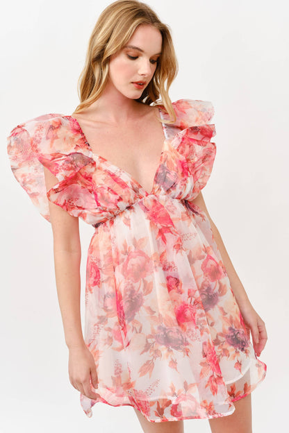 Pink Floral Chiffon Mini Dress with Ruffle Sleeves -1