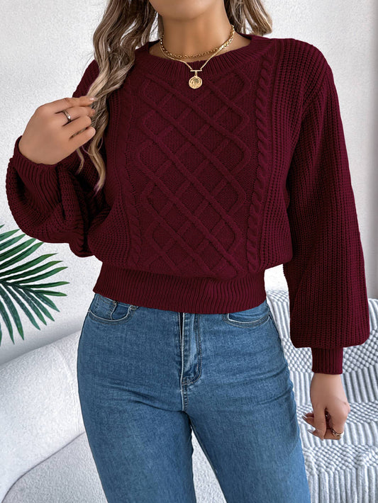 Cable Knit Pullover Sweater with Lantern Sleeves