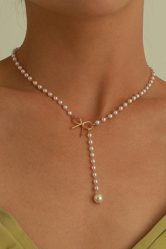 Plated Bow Decor Pearl Chaining Necklace