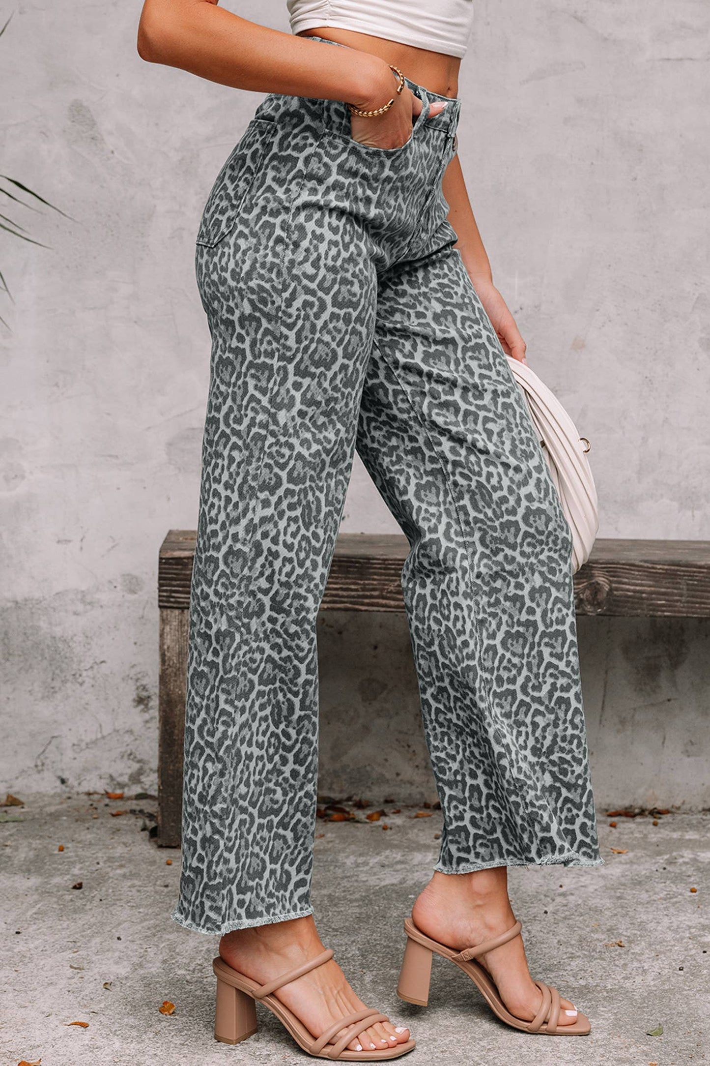 Western Leopard Frayed Edge Wide Leg High Waist Jeans