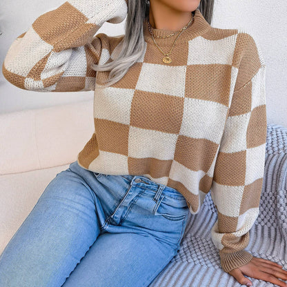 Colorblock Plaid Knit Sweater For Women