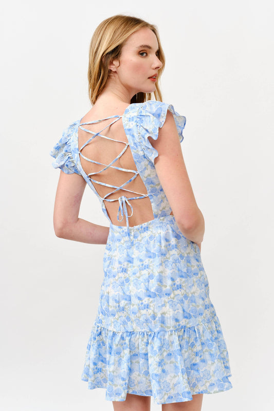 Floral Ruffle Cutout Mini Dress - Blue Watercolor -1