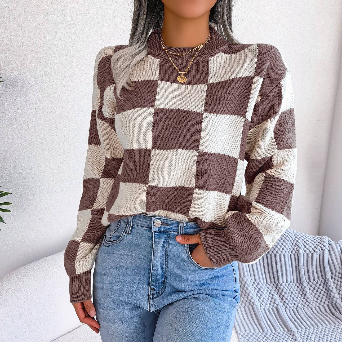 Colorblock Plaid Knit Sweater For Women