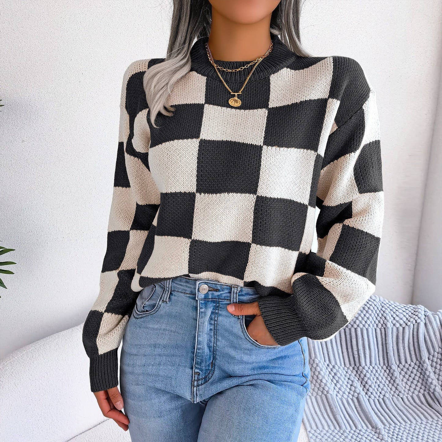 Colorblock Plaid Knit Sweater For Women