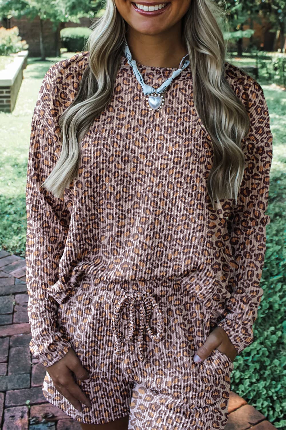 Leopard Ribbed Long Sleeve Top and Shorts 2pcs Outfit