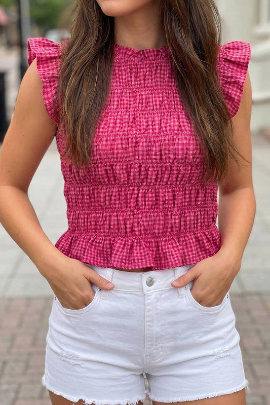 Plaid Shirred Ruffle Trim Tank Top