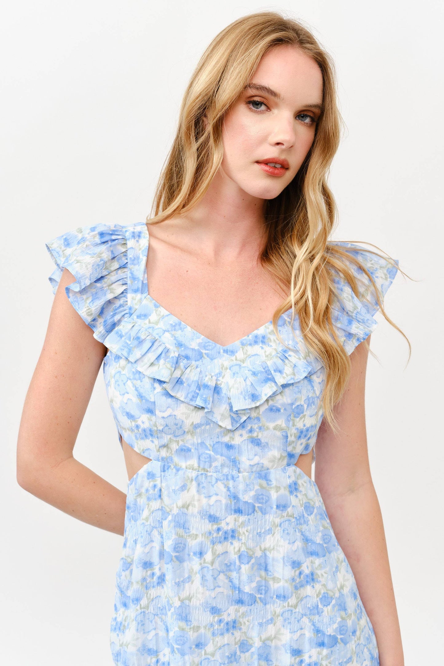 Floral Ruffle Cutout Mini Dress - Blue Watercolor -1
