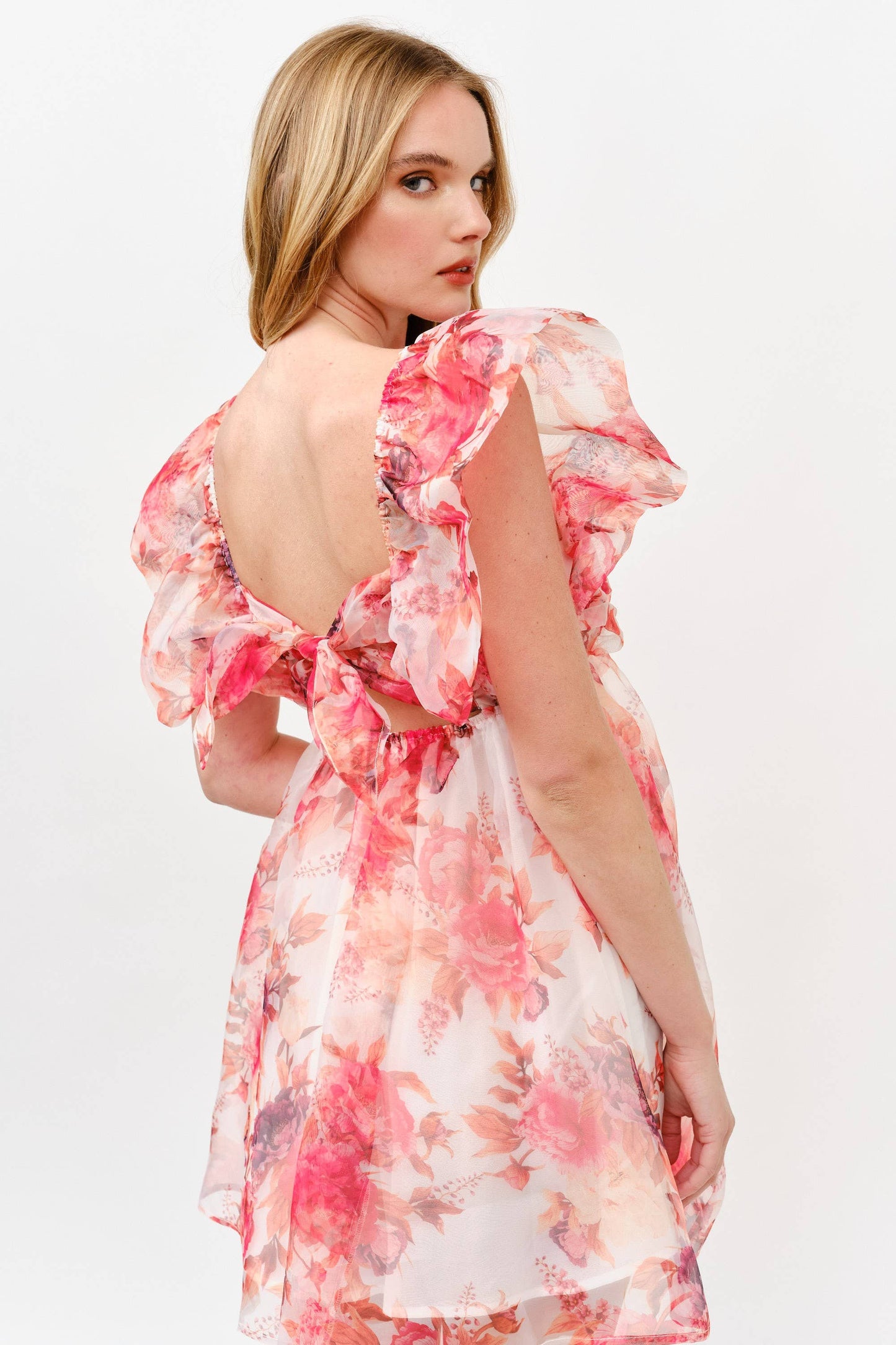 Pink Floral Chiffon Mini Dress with Ruffle Sleeves -1